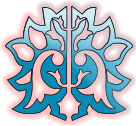 Symmetrical blue and pink decorative emblem with mirrored floral motifs overall crest-like design.