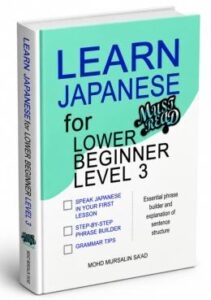 Book cover: Learn Japanese for Lower Beginner Level 3 with a mint green and white design, by Mohd Mursalin Saad (essential text visible).