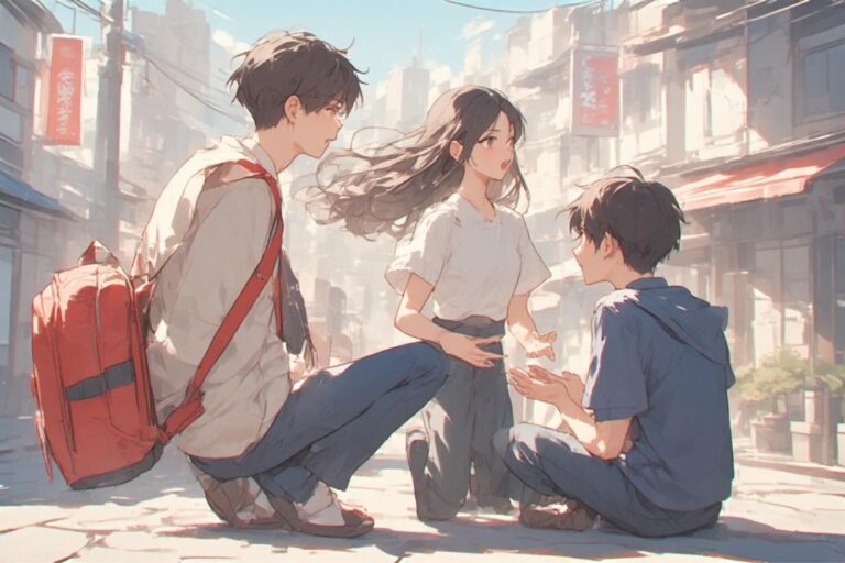 Three young friends chat on a sunlit urban street; a girl stands between two boys who sit on the ground nearby.