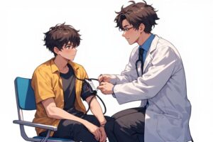 Doctor in a white coat checks a young man's blood pressure with a cuff on his upper arm and stethoscope nearby.